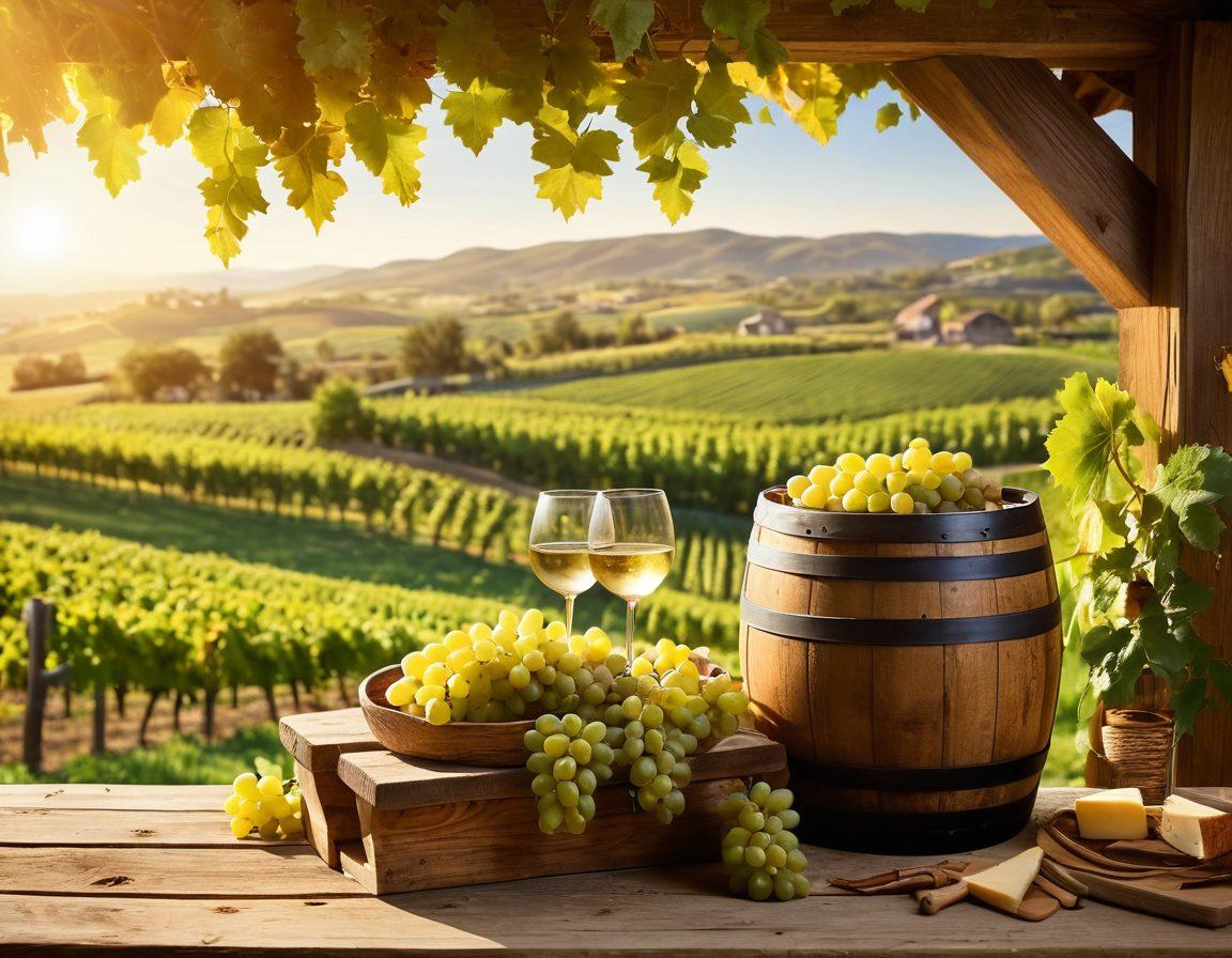 A serene vineyard landscape bathed in golden sunlight, showcasing ripe grapes hanging from lush green vines, with a rustic wooden wine barrel in the foreground. Artistic elements like swirling wine glasses and cheese pairings nestled in a picnic setup enhance the scene. The background can feature rolling hills and a distant winery, embodying the journey from vineyard to glass. soft focus, vibrant colors, and warm ambiance.