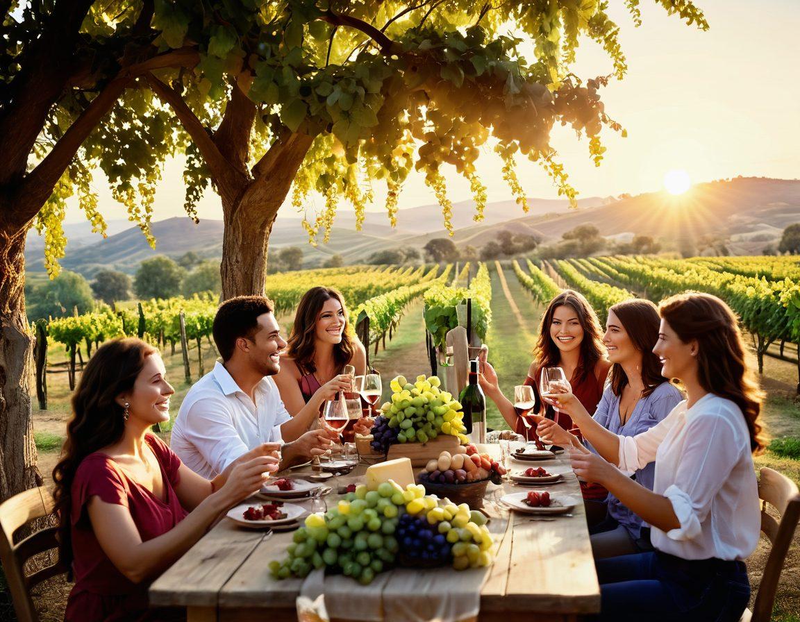 A picturesque vineyard at sunset, with rows of lush grapevines leading into the distance. A cheerful group of friends clinks their glasses of wine, laughter filling the air, as a rustic wooden table adorned with cheese and fruits sits nearby. Soft golden light bathes the scene, enhancing the joy of the moment. Soft focus on the wine glasses to reflect elegance and celebration. painting. warm colors.