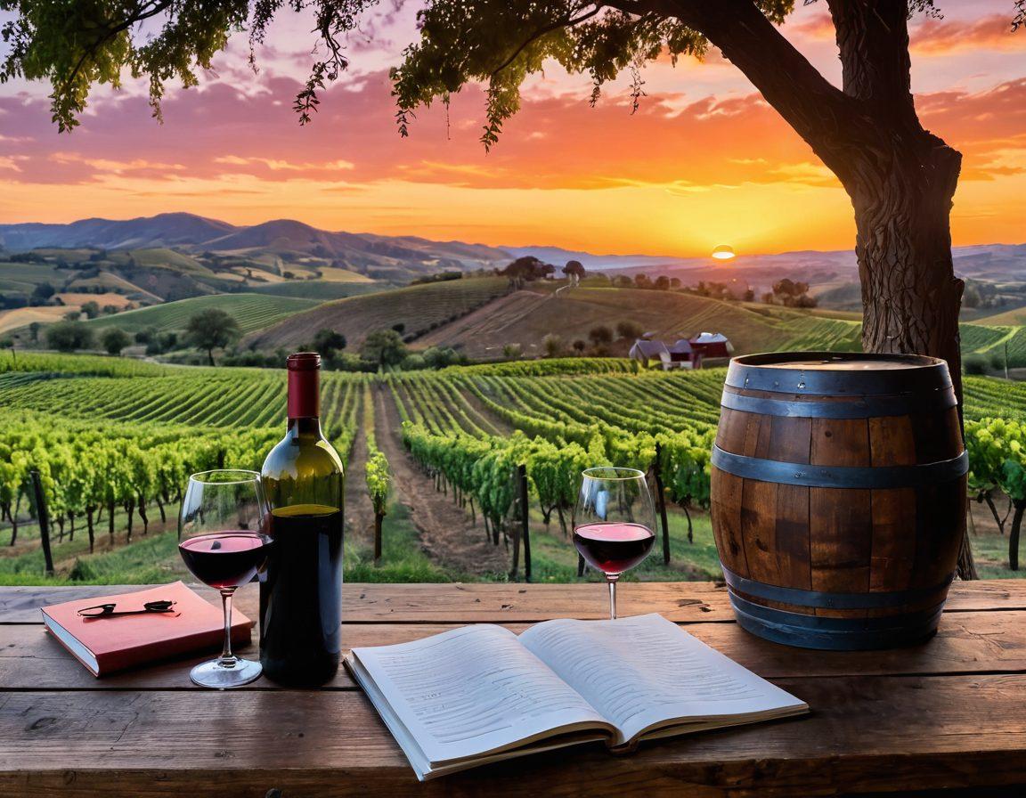 A picturesque vineyard landscape at sunset, with rolling hills lined with grapevines. A wooden wine barrel and a glass of red wine sit on a rustic table, reflecting the warm golden light. Scattered tasting notes and a notebook are nearby, hinting at a personal journey. The sky is painted with vibrant pinks and oranges, enhancing the serene atmosphere. super-realistic. vibrant colors. sunset backdrop.